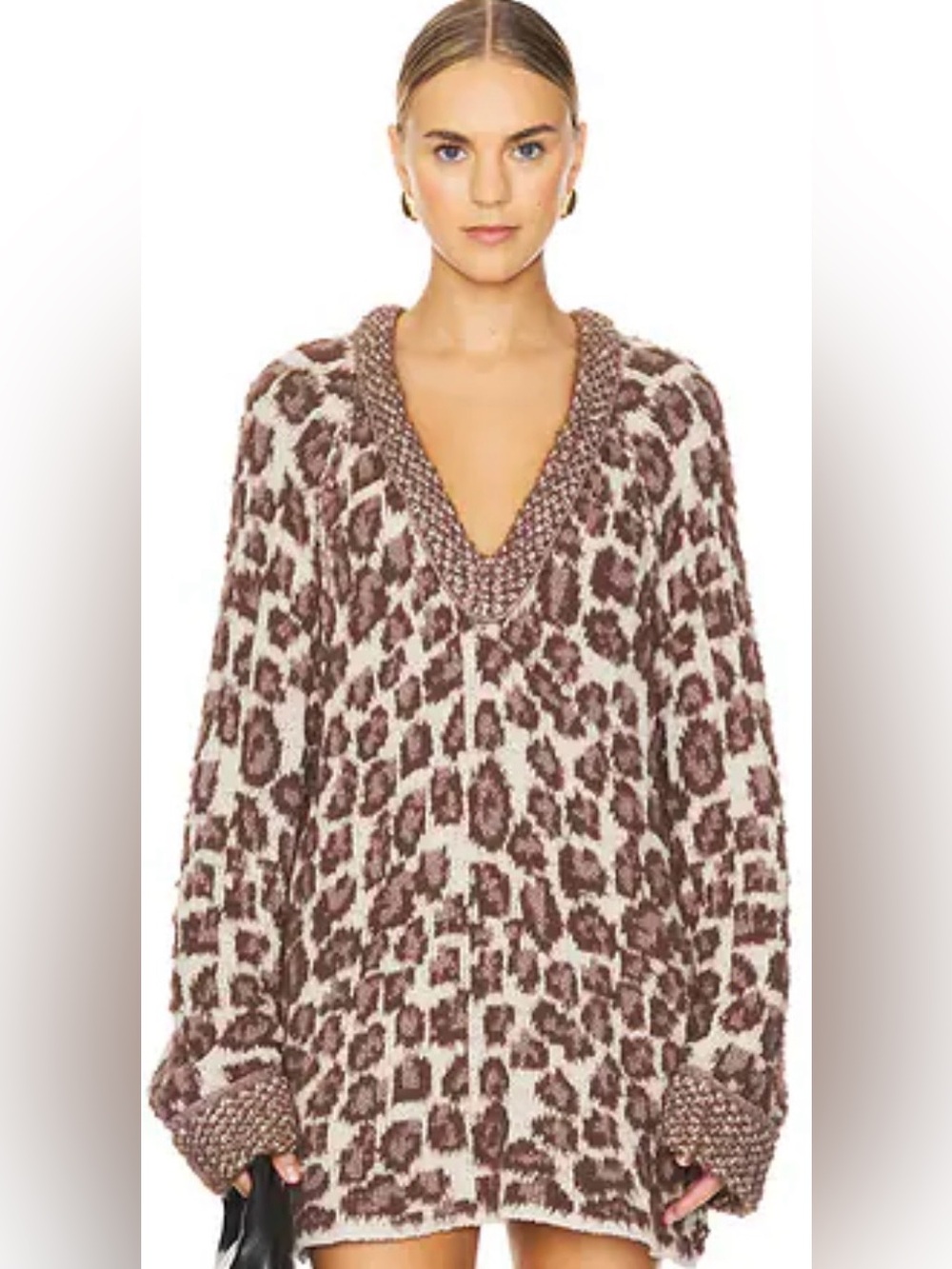 Free People Oversized Leopard-Print V-Neck Sweater - Brown/Cream